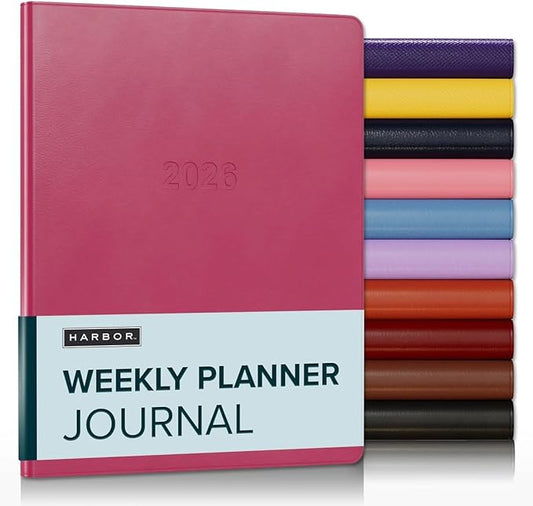 Harbor Weekly Journal Notebook Planner 2025-2026 - Lined, Durable Faux Leather, Softcover, 176 Quality Pages, For Men and Women, For Writing, Work & Travel, Cambridge Orchid Flower - 9x7"