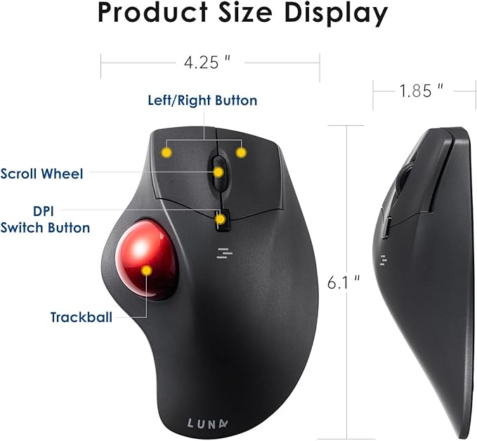 SANWA 2.4G Wireless Ergonomic Trackball Mouse, Optical Rollerball Mice, Programmable Silent Buttons, 40mm Trackball, 600/800/1200/1600 Adjustable DPI, Compatible with MacBook, Laptop, Windows, macOS