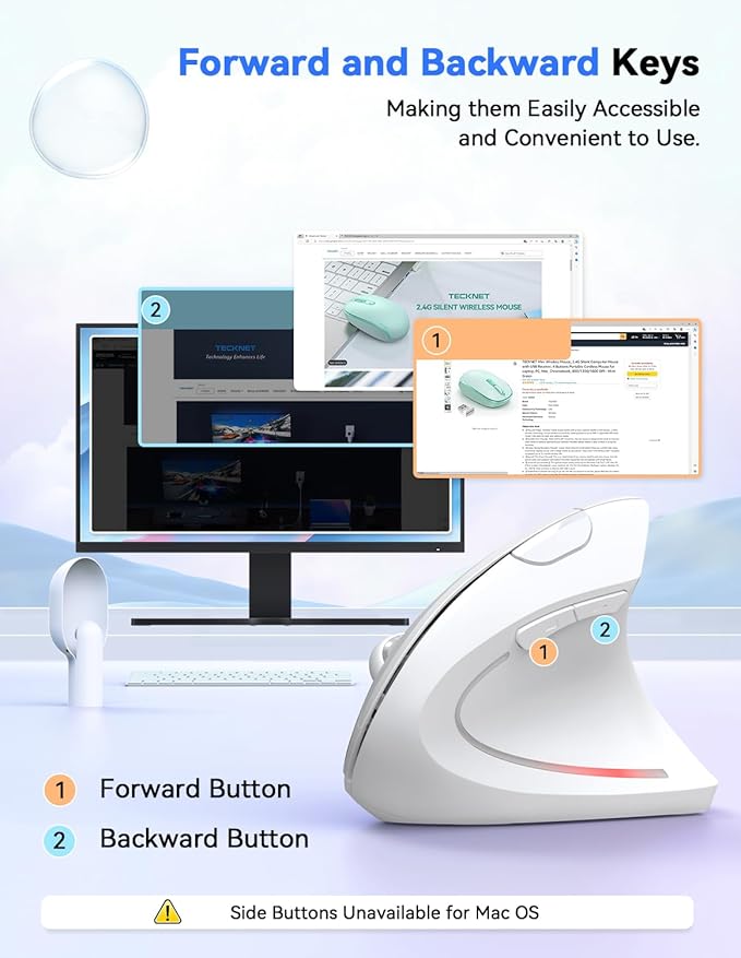 TECKNET Ergonomic Mouse, 4800 DPI Wireless Vertical Mouse with 5 Adjustable DPI Levels, 6 Buttons, 2.4GHz Optical Carpal Tunnel Mouse for Laptop, Desktop, PC, MacBook - White