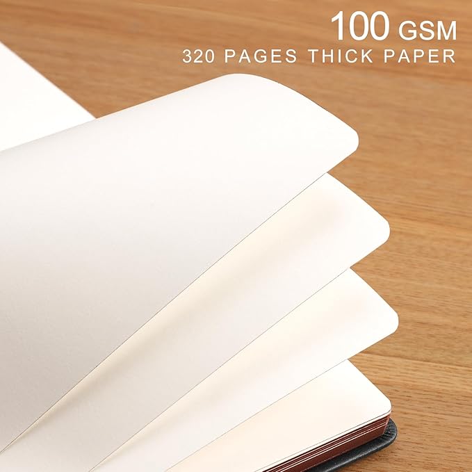 AHGXG Thick Journal Blank Notebook for Men - 320 Numbered Pages A5 Notebook for Writing, 100gsm Plain Paper, Vintage Leather Hardcover, for Women Work Office School, 5.75'' X 8.38''- Black
