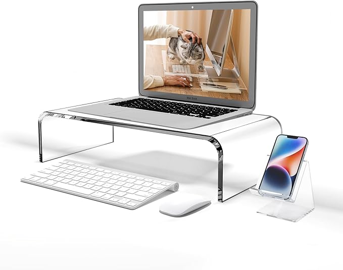 Premium Acrylic Monitor Stand | Clear Laptop Riser for Desk, Office and Home | Computer Stand for TV, Printer, and More | 16" L x 8" W x 4" H with Bonus Phone Stand