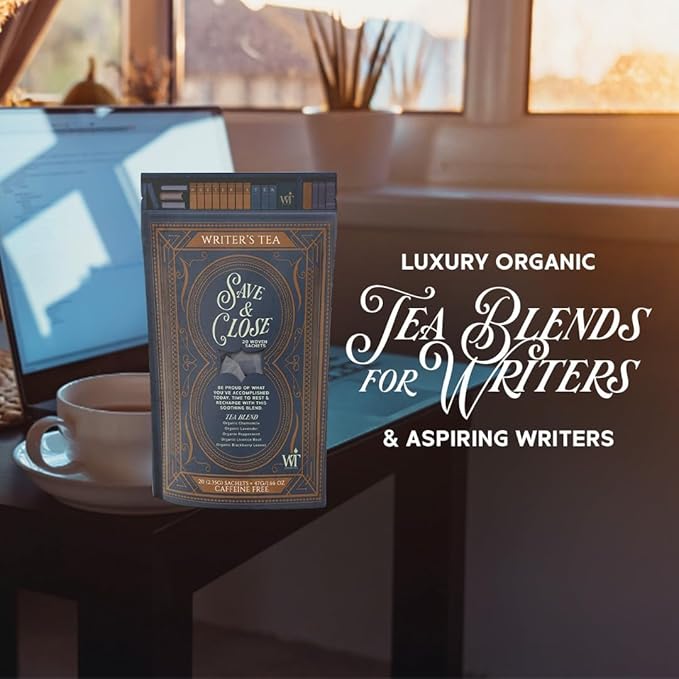 Writer's Tea Save & Close - Nighttime Tea - Chamomile, Lavender, Peppermint, Licorice Root, and Blackberry Leaves Tea Blend - Caffeine Free - 20 Woven Sachets