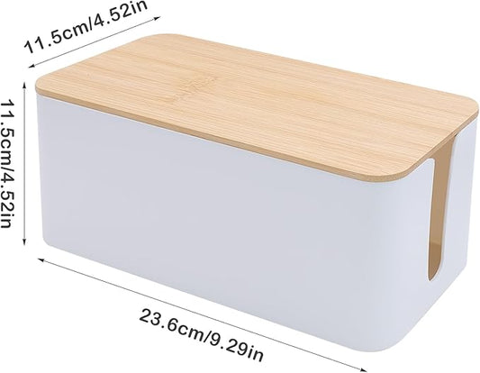 Cable Tidy Box White Cable Box with Bamboo Lid Cable Organiser Cable Management Box for Hiding Cables and Plugs