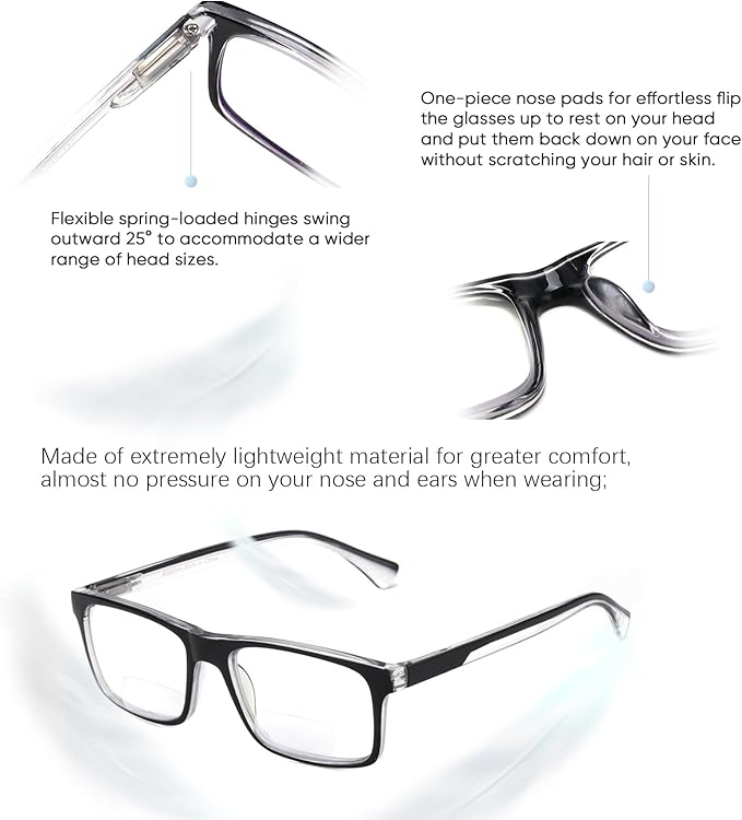 Missfive 2 Pack Light Bifocal Reading Glasses for Men, Blue Light Blocking Near/Far Dual-use Spring Hinge Readers, Anti UV/Eye Strain Comfort Premium Computer Eyeglasses, 2.25x