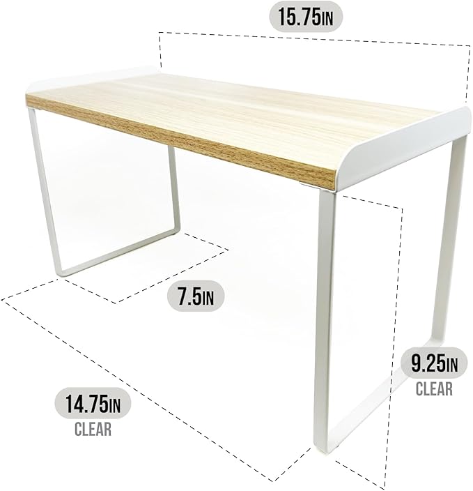 Mitus Shelf Organizer and Storage, Tiered Wood Cabinet Rack for The Kitchen Counter, Bathroom Counter, Pantry Cupboard, Office Desk Bookshelf, 16" Wide Natural and White (Large)
