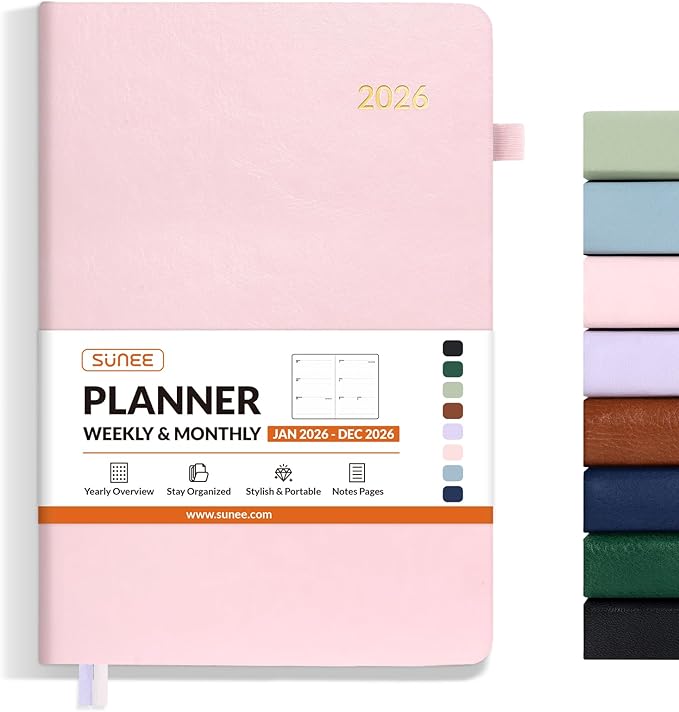 SUNEE 2026 Weekly & Monthly Hardcover Planner 5.5" x 8.3" - 12 Month (January 2026 - December 2026), Small Hardcover Planner, Pocket, Notes, 100 GSM Paper, Pink
