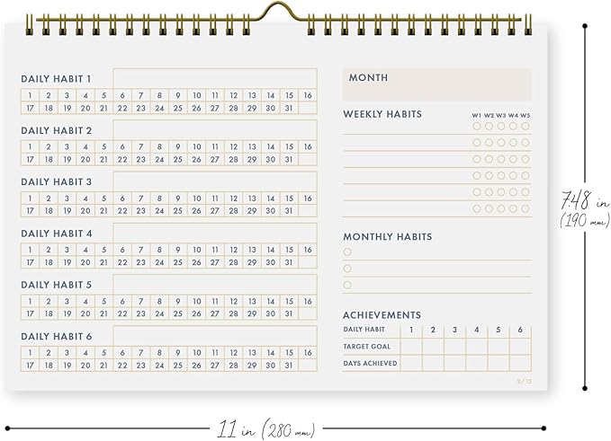 Undated Monthly Habit Tracker Calendar – Minimalist Table Wall Planner for Goals & Productivity, Daily/Weekly/Monthly Tracking, Wire-O Hanger, Thick 200 gsm Paper, Neutral Design