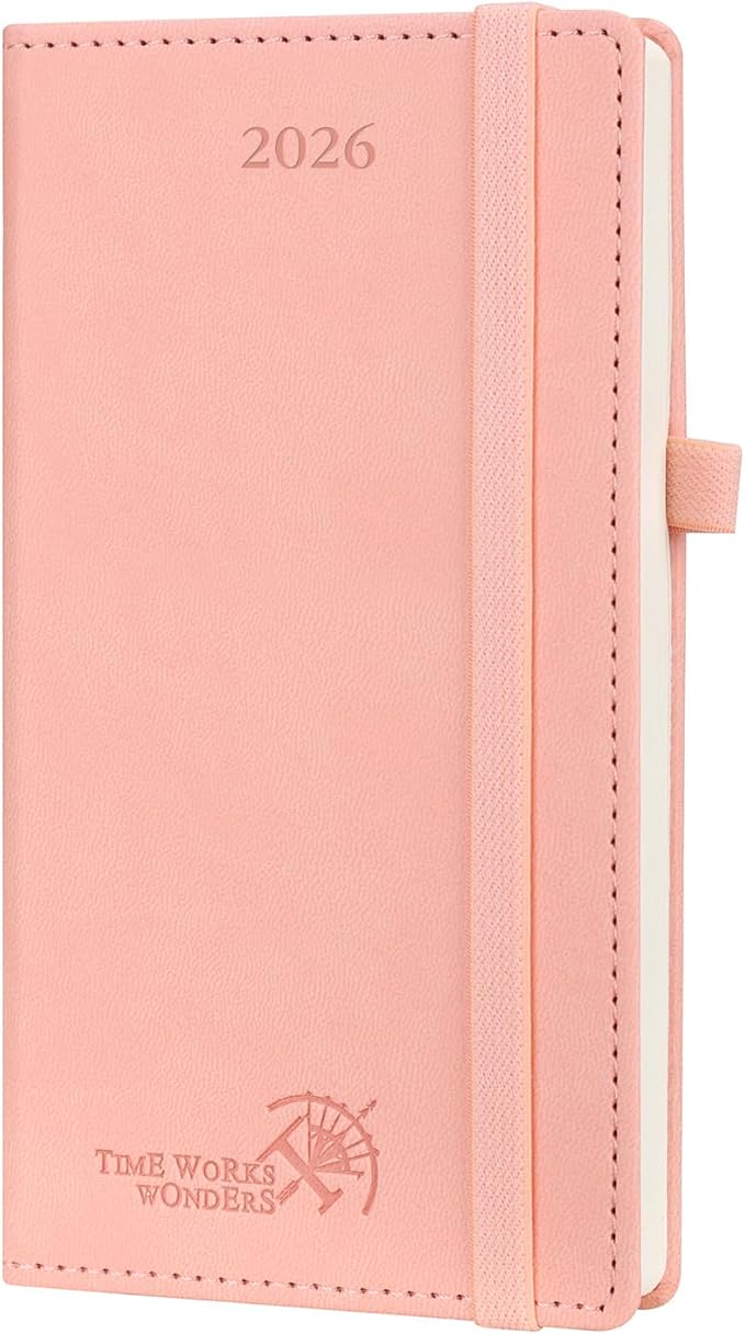 POPRUN Pocket Calendar 2026 (Slim Size-3.5'' x 6.5''), 12 Months (Jan. - Dec. 2026) Small Planner Weekly and Monthly for Purse with Pen Holder, Storage Pocket, Vegan Leather Hardcover - Pink