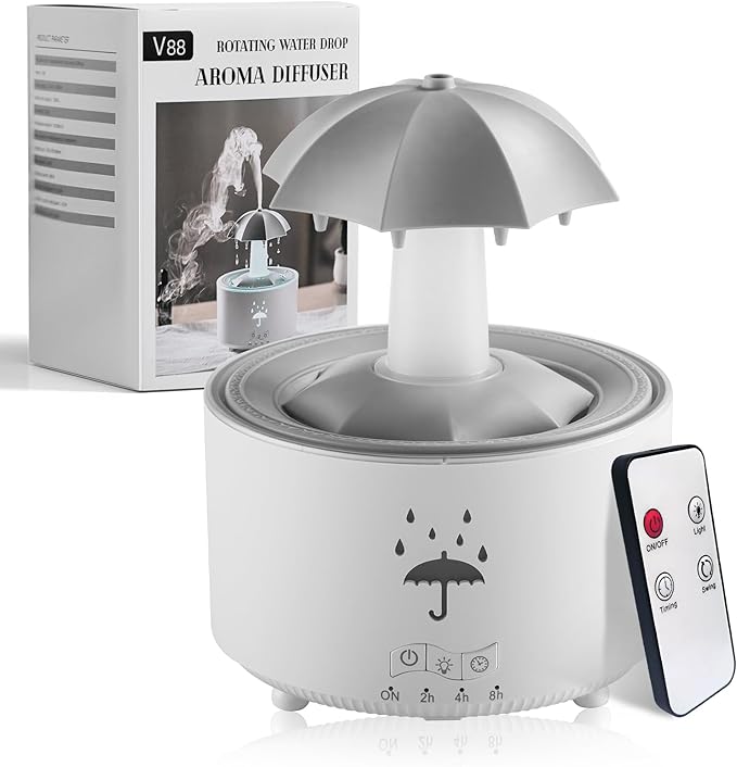 Rain Umbrella Humidifier,Essential Oil Aroma Diffuser with Soothing Rain Sounds,Water Drip Effect,7 Colors Mood Lights,Remote Control, Timer and Auto-Off, Raindrops Relaxing Sound for Deep Sleep