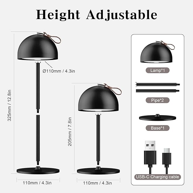 Outdoor Table Lamp,8-75 Hours Battery Powered Lights,Black Rechargeable Desk Lamp,Waterproof,Magnetic,Stepless Dimming,Adjustable Height,for Camping,Living Room,Dinner,Shower,Night Light