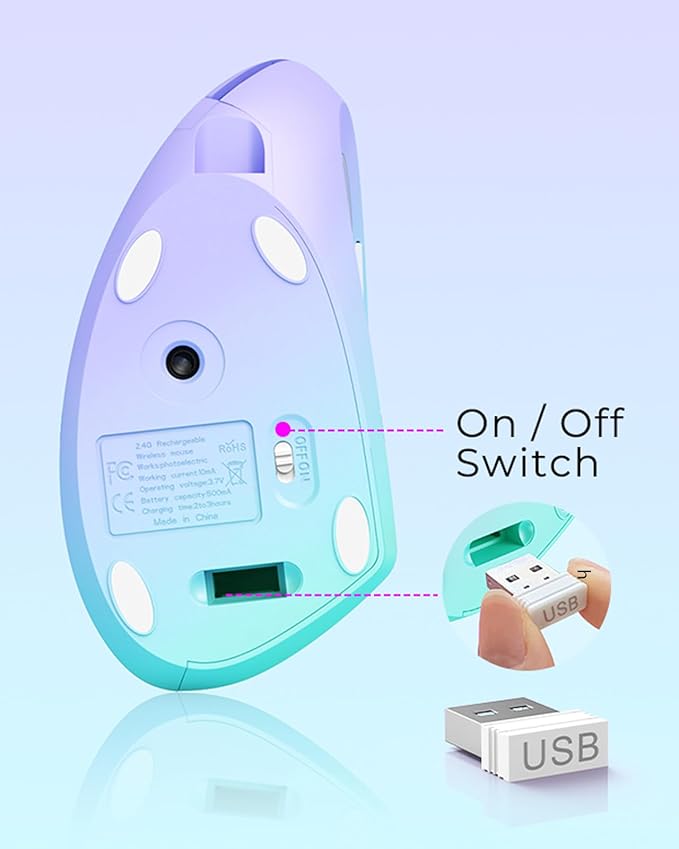 Lekvey Ergonomic Mouse, Vertical Wireless Mouse, Rechargeable 2.4G Optical Carpal Tunnel Mice: 800/1200 / 1600 DPI, 6 Buttons, for Laptop, PC, Computer, Desktop, Notebook etc, Green Purple