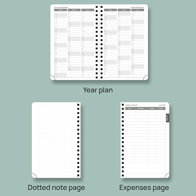 POPRUN Monthly Planner 2025-2026 Pocket Size (4" x 6.25") 18 Months Calendar (Jul 2025 - Dec 2026) - 4 Pages per Month with Monthly Expense & Notes, Sunday Start, Leather Cover - Grey