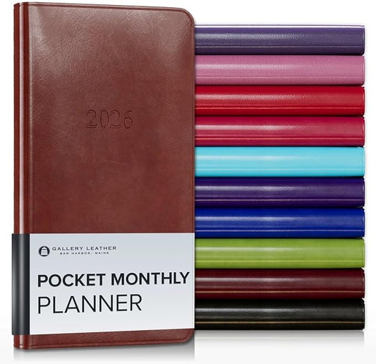 Gallery Leather Pocket Monthly Planner 2025-2026, Elegantly Bound Calendar Planner and Notebook with Stylish Gold-Gilded Page Edges, 18 Months - Acadia Tan - 6x3.25"