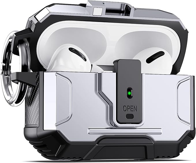 DASFOND Armor Earphone Cover Case for Airpods Pro 2, Military Grade Full Body Shockproof Protection Hard Case, Support Wireless Charging with Keychain, Magnetic Lid, Front LED Visible, Silver