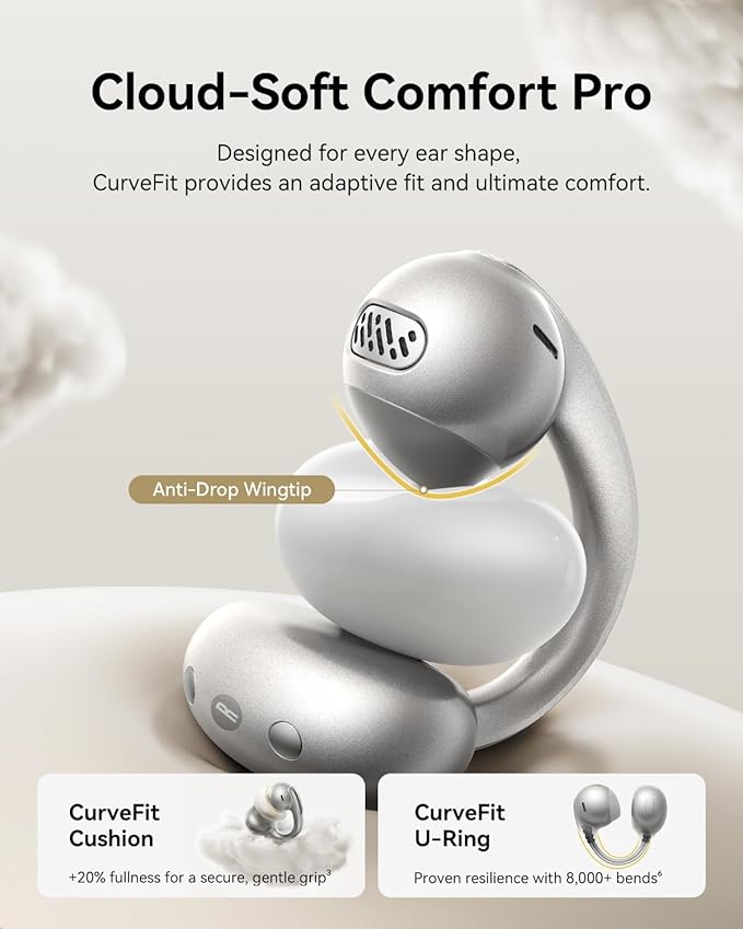 Baseus Bowie MC1 Pro Open Ear Clip-On Headphones, Hi-Res LDAC & HiFi4 Acoustic Sound, 5g Ultra-Lightweight Comfort, SuperBass 2.0, DNN 4-Mic AI Clear Calls, IP67 Waterproof, Bluetooth 6.0 (Titanium)