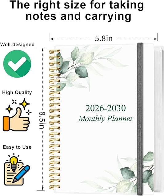2025-2030 Monthly Planner - 64 Month PLanner Calendar from September 2025 to December 2030, Flexible Cover, Inner Pocket, 5.8" x 8.5", Perfect for Home | School | Office, Green Leaf