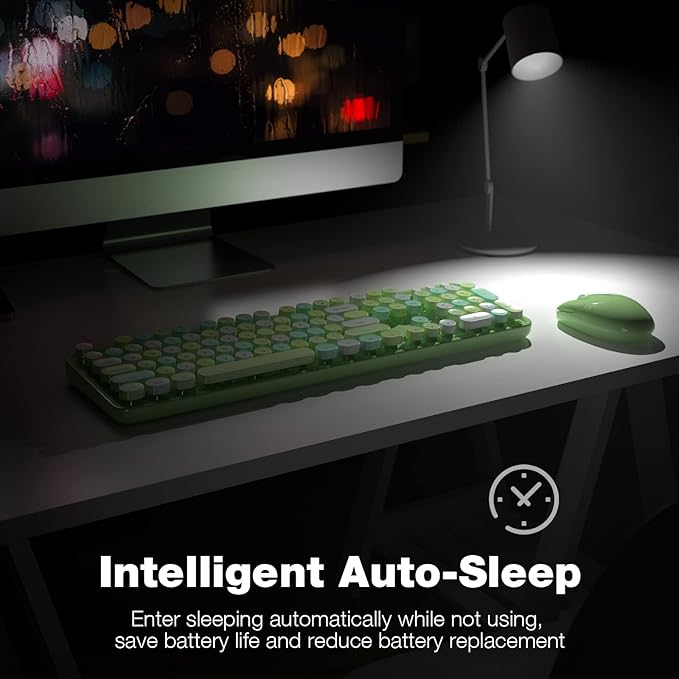 MOFII Wireless Keyboard and Mouse Combo, 2.4GHz Retro Full Size Typewriter Keyboard with Number Pad & Wireless Mouse for Laptop, PC, Desktop, Mac, Windows - Green Colorful