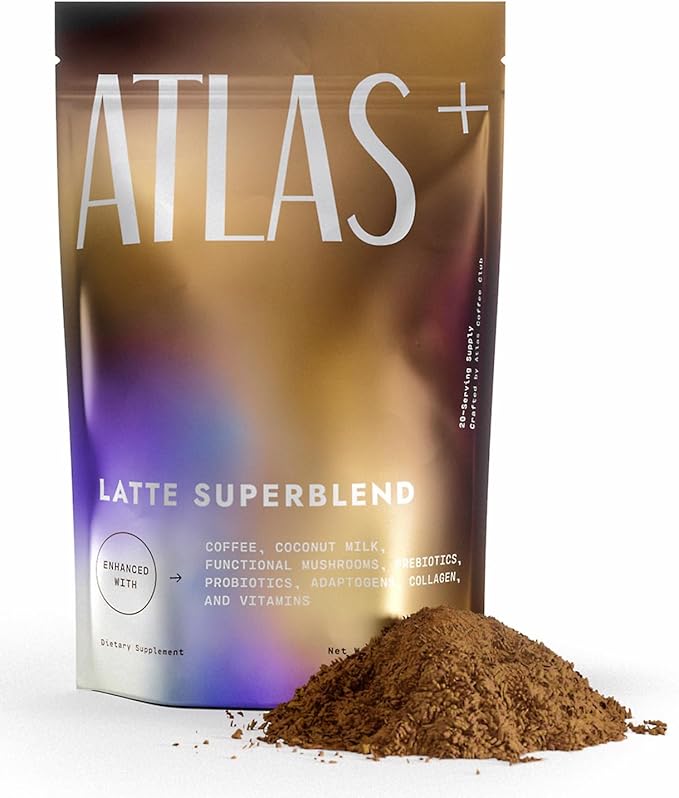 Atlas+ Latte Superblend– Instant Mushroom Coffee with Lion’s Mane, Reishi, Cordyceps, Ashwagandha, Probiotics, Vitamin D3 & B12, Coconut– for Energy, Focus, Immunity & Gut Health– 20 Servings (1 Bag)