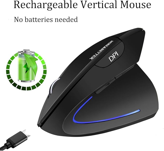 More&Better Ergonomic Wireless Mouse - Rechargeable 2.4G Optical Vertical Mice, 800 / 1200 /1600 DPI, 5 Buttons for Laptop, Desktop, PC, MacBook, gray black ergonomic mouse