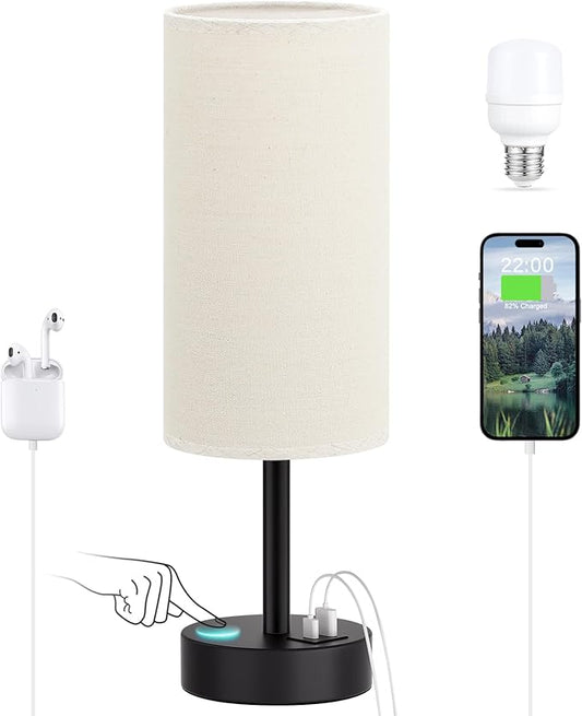 Beige Touch Lamp for Bedroom with USB - 3 Way Dimmable Table Lamp for Nightstand, Small Lamp with Black Charging Station for Desk Dorm, Office, Nursery