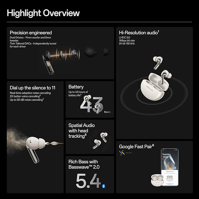 OnePlus Buds Pro 3, Wireless Bluetooth Earbuds, Noise Canceling Earbuds, Deep Bass, Immersive Sound, Up to 44 Hour Playtime with Charging case, Lunar Radiance