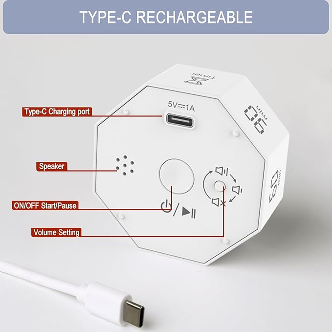 Octagon Digital Productivity Timer, Rotating Pomodoro Timer with Gravireceptor 1-3-5-15-30-60-90 Min Countdown, Mute&Adjustable Volume Countup/Down Timer for Study Office Kitchen Desk, White