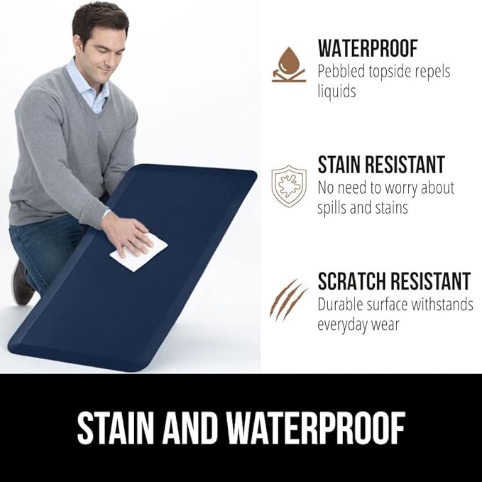 GORILLA GRIP Comfortable Cushioned Kitchen Mats for Floor, Waterproof and Stain Resistant Soft Top, 3/4 Inch Thick Ergonomic Standing Desk Anti Fatigue Mat, Foam Supports Ankles and Feet, 20x32, Navy