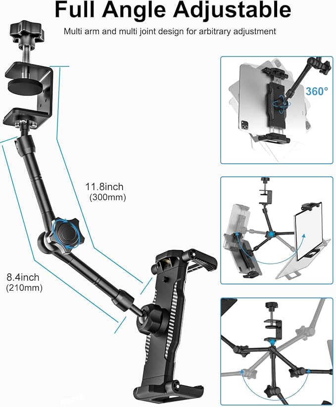 Kitchen Cabinet Tablet Mount - [Metal Adjustable Arm] Under Counter Tablet Holder for Desk Bed Stand with 1.26" Depth Large Clamp for iPad Pro 13 Air Mini, Galaxy, Fire, Switch, iPhone, 6-15.6" Device