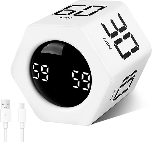 GuDoQi Rotating Pomodoro Timer 1 5 10 30 60 Min Preset, Hexagon ADHD Flip ProductivityTimer Tool Pause, Vibration, Mute, Adjustable Sound Alert for Work, Study, Back to School, Kitchen, White