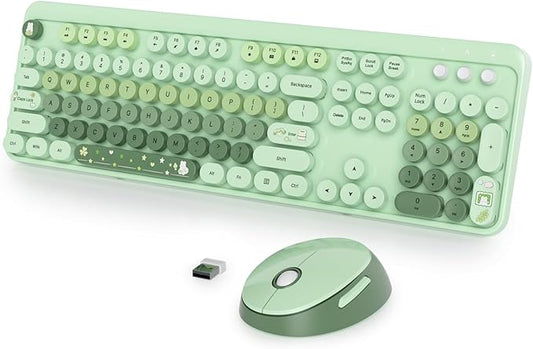 Fogruaden Green Keyboard and Mouse Wireless, Retro Typewriter Keyboard, 2.4GHz 104 Keys Full Size Cute Keyboard with Number Pad, Gradient Colorful Keyboard with Round Keycaps for Windows PC Laptop