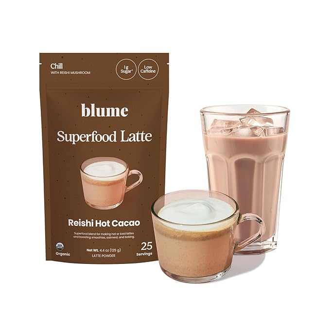 Blume Superfood Latte - Reishi Hot Cacao Powder, Mushroom Powder, Soothing Superfoods, Latte with Brain support, Organic Cocoa Mushroom Coffee Enhancer - Organic, Vegan And Keto Friendly - 25 Servings