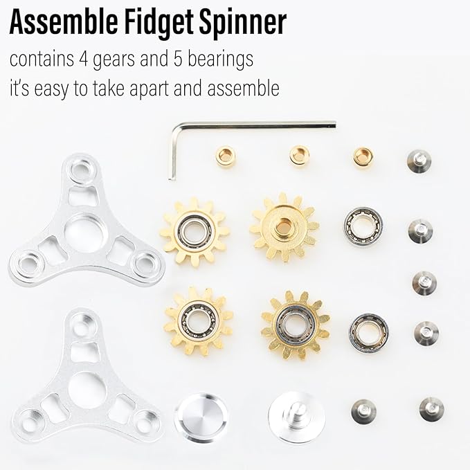 FREELOVE Gear Metal Fidget Spinner Toys for Adults, Small Mini Tiny Pockget Figette, Bike Chain, Copper Brass Hands Gyro, Quiet Silent Cool Cube for Anxiety Men (4 Gears Linkage, Silver-Brass)