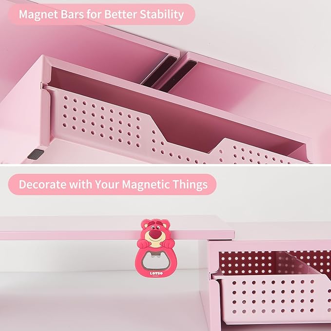 Dual Monitor Stand Riser with Drawer, Desk Organizer and Accessories, Metal Laptop Stand for Desk, Workspace Desktop Stand for Computer, Laptop, TV and More (Pink)