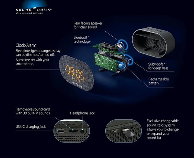 Sound Oasis® Bluetooth® Sleep Sound Therapy System® Alarm Clock - Sleep Better, Manage and Mask Tinnitus, 30 Built-in Sounds, Sleep-Friendly Lighting, Travel Friendly (BST-150)
