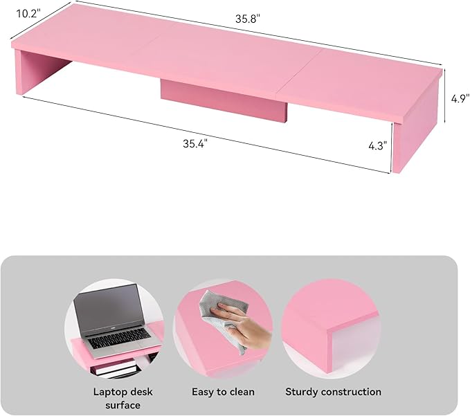 Dual Monitor Stand Riser, Large Computer Monitor Stand for Desk, Monitor Riser for 2 Monitors, Wood Desk Shelf for Top of Desk, Desktop Organizer for Computer, Laptop, Printer, TV, Pink