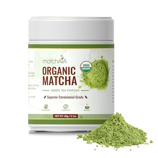 MatchAiA Organic Ceremonial Matcha Green Tea Powder - Superior Ceremonial Grade, First Spring Harvest, USDA Certified, 100% Pure - Sugar Free, Gluten Free (60g / 2.1oz Tin)