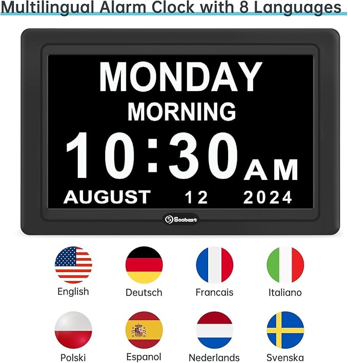 Soobest Digital Dementia Alarm Clock for Seniors Elderly, Electric Large Display Date Day of Week Time Calendar Clock 20 Reminders 3 Ringtones for Memory Loss Alzheimers, Auto DST/Dimmer, 1024*600P HD