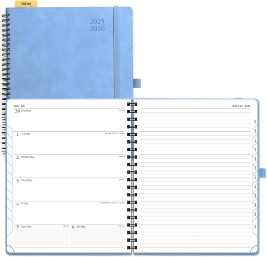 POPRUN Planner 2025-2026 Weekly Planner Notebook (Large 8.5''x 10.5'') Academic Calendar (JUL.25 - JUN.26) Appointment Book with Monthly Tabs, Spiral Soft Cover, Inner Pocket, 100 GSM - Cerulean Blue