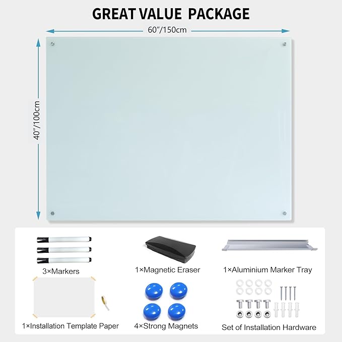 Magnetic Whiteboard Glass Writeboard 40"x60" Tempered Glass Dry Erase Board Wall Mounted Frameless Glass Whiteboard Writing GlassBoard for Office School Home (White)