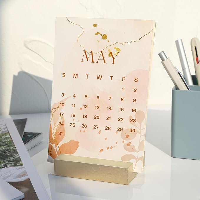 UNIQOOO 3.5" Gold Birch Wood Stand for Monthly Desk Calendar, Wooden Block Base, Cardstock Holder, For Office Home Retail Reception Decor, Photo Display, 10 Pack