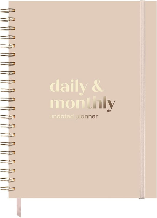 Large Daily Planner with Hourly Schedule, 8.5" x 11" Undated 6-Month Planner for Productivity, Full Page a Day, 2025-2026 Calendar, To Do List, Time Blocking, Beige Aesthetic Hardcover Spiral Notebook