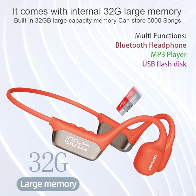 AYI Swim Headphones True Bone Conduction Open Ear Headset LED Screen Power Indicator Underwater MP3 Player Built-in 32G Memory IP68 Waterproof Bluetooth Earphone for Sport Running-S10 Red