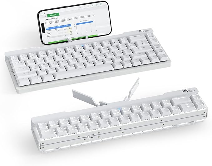 RK ROYAL KLUDGE F68 60% Foldable Low Profile Mechanical Keyboard, Wireless Mechanical Keyboard with Aluminum Body, Built-in Stand Holder, White Backlit, 68 Keys, Quiet Red Switch