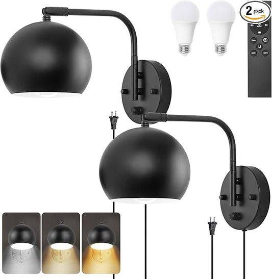 Wall Sconce with Remote Control, Dimmable Plug in Wall Sconces and Adjustable Color Temperature 2700K~6000K, Globe Swing Arm Wall Lights with Plug in Cord(2 Pack, 2 Bulbs)
