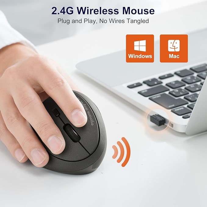 SANWA 2.4G Wireless Ergonomic Mouse, Optical Vertical Ergo Mice for Small Hands, Reduce Wrist Strain, 800/1200/1600 DPI, 5 Buttons, Compatible with MacBook, Laptop, Windows, Mac OS, Black