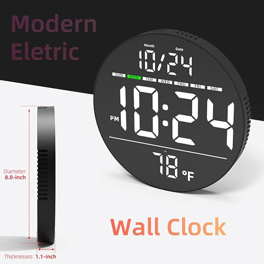 Digital Wall Clock with Large LED Display, Date, Temperature, Auto-Brightness | Small [PLUG-IN] Clock | Modern Electric Wall Clock for Bedroom, Classroom, Living Room, Home, Office, Farmhouse – White