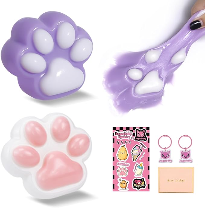 Taba Squishy Paw Gift Box, Cat Paw Squeeze Toys, Handmade Cute FuFu Squishies, Sticky Squishy Cat Paw Fur Ball, Kitty Paw Stress Relieving Fur Toys, YoYo Funny Fidget Toys for Gift, Kids-Purple&White