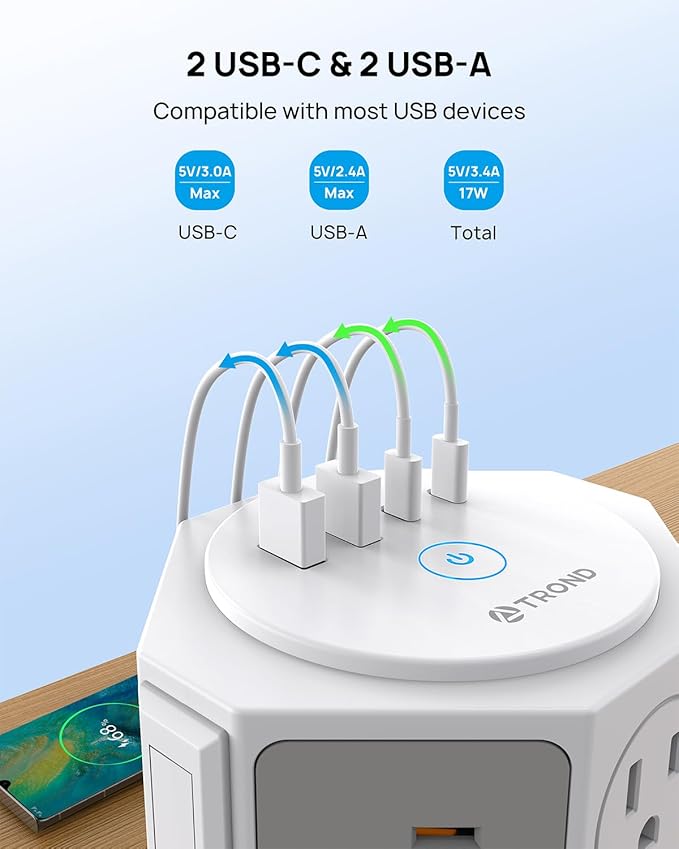 TROND Tower Surge Protector Power Strip with 14 Widely Spaced Outlets, 4 USB Ports(2 USB C), 2100J Surge Protection, 6 Feet Extension Cord with Multiple Outlets, Office Desk Supplies, Dorm Essentials