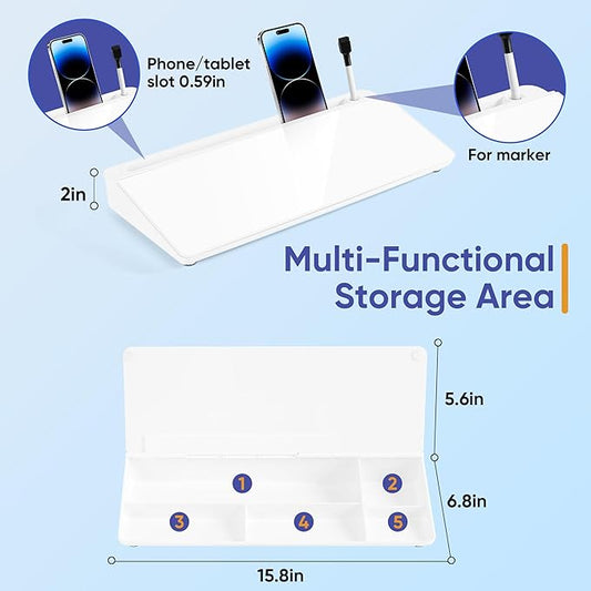VUSIGN Glass Desktop Whiteboard with Storage, Small Organizer Dry Erase Board Desk Board Buddy White Board, Desktop Computer Pad for Notetaking, Desk Whiteboard for Office, Home, School Supplies