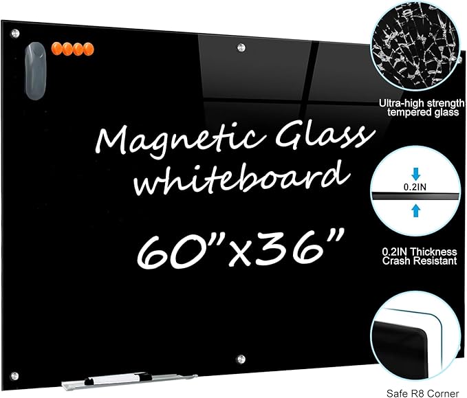 Glass Dry Erase Black Board - Magnetic Blackboard 60"X36" Frameless White Board Clear Glass Boards with Super Strong Magnets, Wall Mounted for Office, Classroom and Home